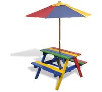 vidaXL Tavolo e Panchine per Bambini con Parasole Legno Multicolore