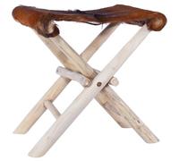 VidaXL Sgabello Pieghevole in Vera Pelle di Capra e Legno di Teak