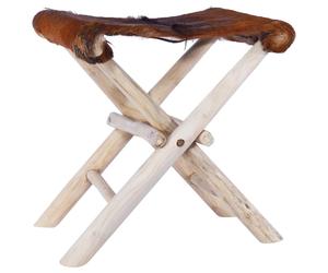 VidaXL Sgabello Pieghevole in Vera Pelle di Capra e Legno di Teak