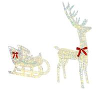 vidaXL Slitta trainata da renna Bianco caldo 70 x 26 x 128.5 cm PET, Decorazione moderna per le feste, statuetta di renna, slitta LED, alimentata USB, collezione natalizia