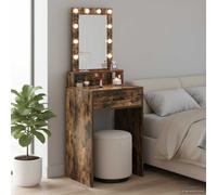 vidaXL Tavolo da toeletta in legno di quercia affumicato, 50 x 41 cm, 140 cm, specchio da trucco con luci a LED per camera da letto