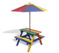 vidaXL Tavolo e Panchine per Bambini con Parasole Legno Multicolore