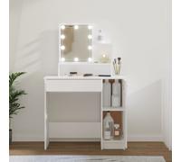 vidaXL Tavolo da toeletta bianco con lampadine a LED, design moderno, asimmetrico, ampio spazio con ripiani aperti, cassetto e armadietto laterale, realizzato in resistente legno ingegnerizzato