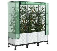 vidaXL Vaso da Giardino con Copertura per Serra e Ruote 3 pz Bianco PP, Giardino e terrazza, rettangolare, moderno con contenitore mobile, vaso, altezza regolabile, resistente all'acqua