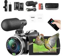 Videocamera 4K, 48 MP, 30 fps, con microfono lavalier wireless e microfono esterno, schermo ultra HD da 3 pollici, zoom digitale 18x, registratore vlogging/YouTube + scheda SD da 32 GB inclusa