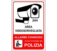 VIDEOSORVEGLIANZA ALLARME CONNESSO Polizia 24 ore Cartello Alluminio 3 mm di