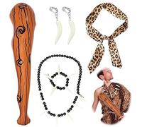 VIDSTW 5 Accessori da Costume Cavernicola Bambini Adulti, Gonfiabile Clava per Capelli Leopardata Fascia Collana Avorio orecchini Braccialetto Fascia di Compleanno Festa per Adulti Bambini