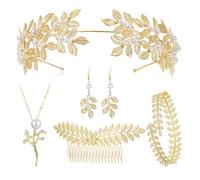 VIDSTW 6 Pezzi Accessori Costume dea Greca Donna Set di Gioielli Includere Orecchini Sposa Perla Collana Bracciali Accessori Capelli Oro Pettini per Capelli Accessori Donna Parure Gioielli Donna (C)