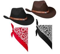ViEinkaufen Set di 2 cappelli da cowboy neri e marroni, cappello da cowboy per donne e uomini, con bandana, sciarpa, cappello western, accessorio per feste in maschera, Halloween, compleanno, cosplay