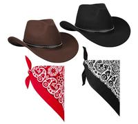 ViEinkaufen Set di 2 cappelli da cowboy nero e marrone, cappello da cowboy con bandana, sciarpa, cappello western, accessorio per feste in maschera, per donne e uomini, per Halloween, compleanno
