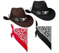ViEinkaufen Set di 2 cappelli da cowboy nero e marrone, cappello da cowboy con bandana, sciarpa, cappello western, accessorio per feste in maschera, per donne e uomini, per Halloween, compleanno