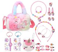 ViEinkaufen Set di 26 gioielli per bambini con unicorno, borsa in peluche a forma di unicorno, borsa, fascia, corda per capelli e clip, collana, braccialetto, orecchini, anello, adesivi per bambine