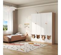 VIEKOS Armadio guardaroba per bambini, 2 pezzi, con asta per stiratura, letto per gatti, pannelli verniciati e truciolato, maniglie in ceramica, bianco e legno naturale, 160 x 50 x 200 cm, naturale +