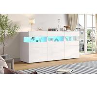 VIEKOS Credenza per soggiorno, 140 x 40,5 x 66,5 cm, con 3 ante, lucido, con striscia luminosa a LED, alloggiamento in acrilico trasparente, armadio con 7 ripiani, larghezza 140 cm, bianco