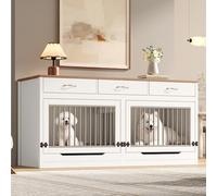 VIEKOS Cuccia per cani in legno e metallo, per 2 cani, per interni, con chiusura a serratura, porta pieghevole, divisorio rimovibile, 3 cassetti, dimensioni grandi 164 x 60 x 81 cm, bianco e nero
