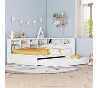 VIEKOS Divano letto 140 x 200 cm, letto estraibile 90 x 190 cm, con presa USB e più ripiani, letto in legno massiccio, letto matrimoniale, letto multifunzione in legno, bianco