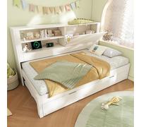 VIEKOS Divano letto singolo 90 × 200 cm con letto estraibile 90 × 190 cm, telaio bianco con pannello posteriore, vano aperto, spazio pieghevole nascosto, stazione di ricarica USB-C, rete a doghe