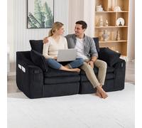 VIEKOS Divano modulare a 2 posti a coste con cuscino, due tasche laterali di diverse dimensioni, schiuma a 3 strati, anima a molle per un rapido recupero, ideale per soggiorno, ufficio, colore: nero