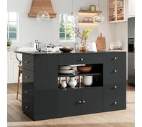 VIEKOS Isola da cucina, credenza con sgabelli da bar, armadio da cucina con 6 cassetti e sgabelli, larghezza regolabile 140 x 40 (70) x 89 cm, bianco/nero