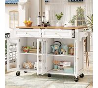 VIEKOS Isola da cucina di alta qualità con ante a rulli e in vetro, 140 x 72,5 x 90 cm, carrello multifunzione con venature del legno e grande spazio di archiviazione, mobile per buffet, soggiorno