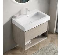VIEKOS Lavabo LUZ 70 cm con vasca rettangolare in resina bianca, armadio in compensato con cassetto e uno scaffale aperto, preassemblato, rovere chiaro, venature del legno di colore