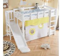 VIEKOS Letto a castello, 90 x 200 cm, in legno con scale e recinzioni, con tenda, scivolo, culla con protezione anticaduta e griglia, MDF + pino, bianco