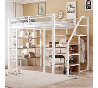 VIEKOS Letto a soppalco 140 x 200 cm, scaffale a tre strati, scrivania, armadio, gradini di sicurezza con vano portaoggetti, design a recinzione, letto singolo, bianco