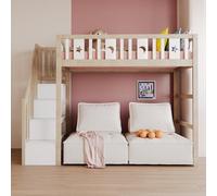 VIEKOS Letto a soppalco per bambini, 90 x 200 cm, con scaletta da arrampicata, in legno massiccio, con ringhiera di sicurezza, decorazione a stella e luna, colore legno, naturale, bianco