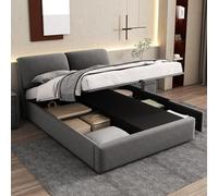 VIEKOS Letto imbottito 140 x 190 cm, rete a doghe idrauliche - 3 cassetti e cassetta portaoggetti - con testiera, senza materasso - velluto grigio