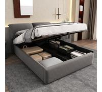 VIEKOS Letto imbottito 140 x 190 cm, rete a doghe idrauliche - 3 cassetti e cassetta portaoggetti - con testiera, senza materasso - velluto grigio