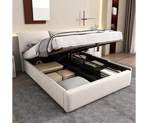 VIEKOS Letto imbottito 140 x 190 cm, rete a doghe idrauliche - TRE cassetti e cassetta portaoggetti - con testiera, senza materasso - Velluto beige