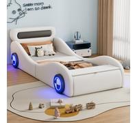 VIEKOS Letto imbottito, 90 x 200 cm, letto singolo, letto per bambini, letto per ragazzi, letto imbottito a forma di auto con ruote luminose e spazio di archiviazione, PU, senza materasso, bianco