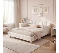 VIEKOS Letto imbottito per bambini, 140 x 190 cm, con testiera imbottita e barriera di sicurezza, piedi in legno massello, velluto, beige.