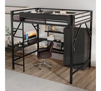 VIEKOS Letto in ferro, letto a soppalco, doppio piano sotto la scrivania, letto superiore con ripostiglio, con armadio, ferro + MDF, nero, 140 x 200 cm