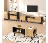 VIEKOS Mobiletti, credenza, vetrine con vetro e illuminazione a LED Include laminati, una combinazione di nero e legno, design unico a strisce di legno nero.