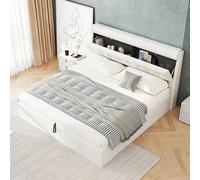 VIEKOS Moderno letto imbottito 140 x 190 cm con cassetta letto idraulica, tavolo laterale, rete a doghe e testiera, in similpelle, bianco