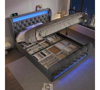 VIEKOS Moderno letto imbottito, 160 x 200 cm, letto matrimoniale, imbottito con luci a LED, testiera con porte USB e di tipo C, letto idraulico, grigio, velluto (con materasso)