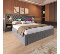 VIEKOS Set completo per camera da letto, letto matrimoniale, 160 x 200 cm, con 2 comodini e 4 cassetti, testiera con funzione di ricarica USB, grigio, velluto