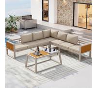 VIEKOS Set di divani modulari per esterni con schienale regolabile, braccioli pieghevoli e contenitori per ghiaccio in metallo, spessore 10 cm, per terrazze, balcone, piscina, grigio/beige