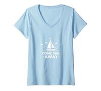 Vieni Sail Away Nautical Adventure Barca a Vela Maglietta con Collo a V, Donna, Celeste, XXL