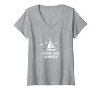 Vieni Sail Away Nautical Adventure Barca a Vela Maglietta con Collo a V, Donna, Grigio Melange, L