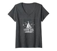 Vieni Sail Away Nautical Adventure Barca a Vela Maglietta con Collo a V, Donna, Grigio Scuro, S