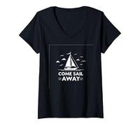 Vieni Sail Away Nautical Adventure Barca a Vela Maglietta con Collo a V, Donna, Nero, M
