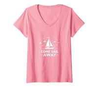 Vieni Sail Away Nautical Adventure Barca a Vela Maglietta con Collo a V, Donna, Rosa, XL