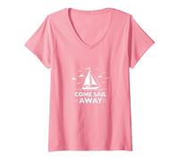 Vieni Sail Away Nautical Adventure Barca a Vela Maglietta con Collo a V, Donna, Rosa, XXL