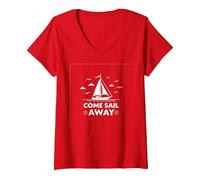 Vieni Sail Away Nautical Adventure Barca a Vela Maglietta con Collo a V, Donna, Rosso, M