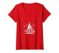Vieni Sail Away Nautical Adventure Barca a Vela Maglietta con Collo a V, Donna, Rosso, XXL
