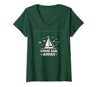 Vieni Sail Away Nautical Adventure Barca a Vela Maglietta con Collo a V, Donna, Verde Foresta, S
