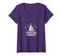 Vieni Sail Away Nautical Adventure Barca a Vela Maglietta con Collo a V, Donna, Viola, XL