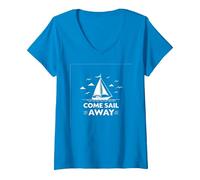 Vieni Sail Away Nautical Adventure Barca a Vela Maglietta con Collo a V, Donna, Zaffiro, L